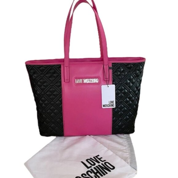 Handbags - Love Moschino Quilted Tote Black Pink Shoulder Bag Gold Hardware